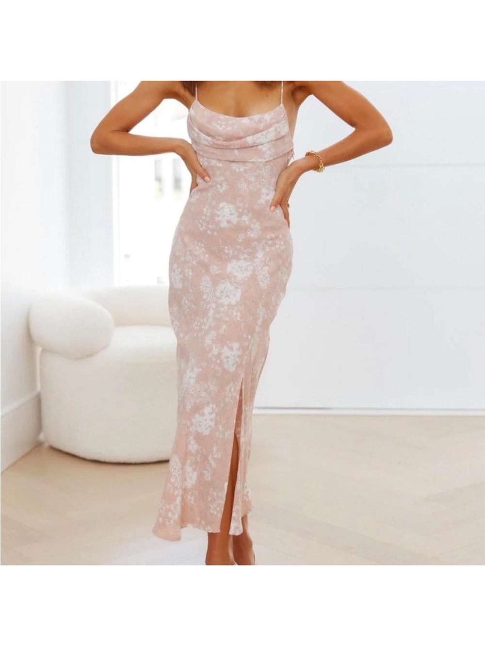 Hello Molly Blush Floral Cowl Neck Midi Dress